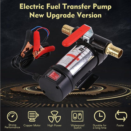 Electric fuel transfer pump with charging cables on a dark background