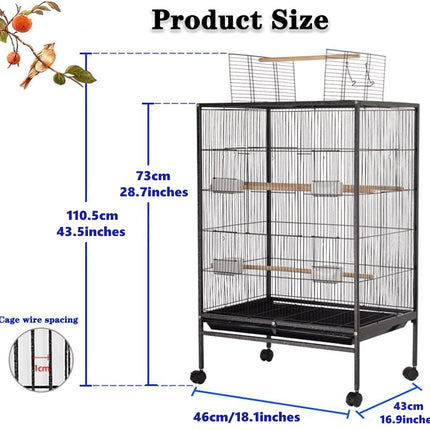 Bird cage with dimensions labeled on a white background