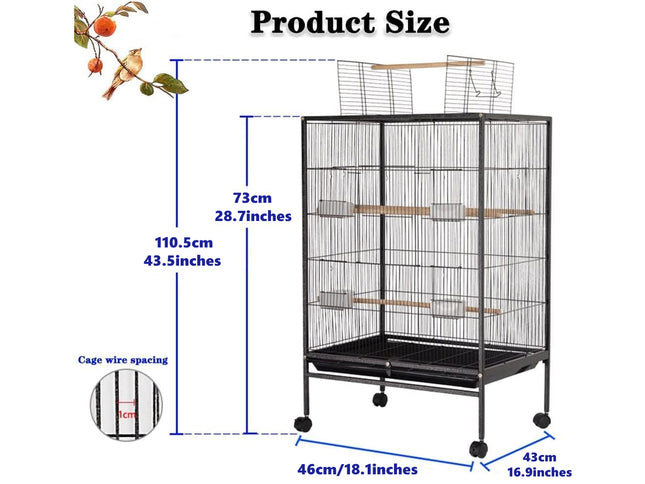 Bird cage with dimensions labeled on a white background