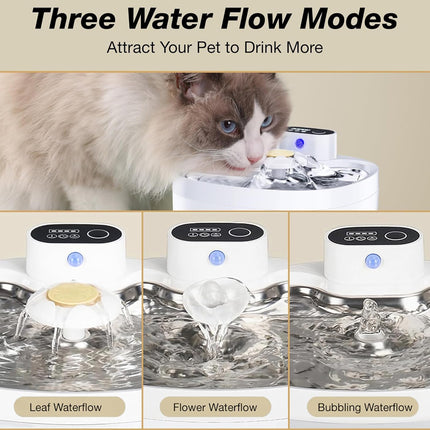Pet water fountain with three water flow modes shown, featuring a cat drinking from it.