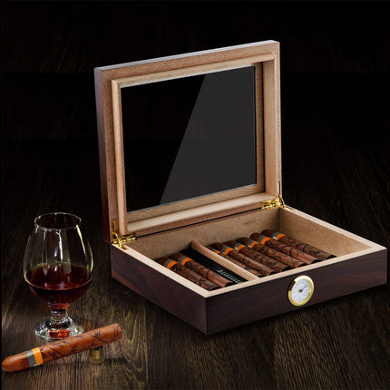 Walnut Wood Cigar Humidor Box for 35 Cigars | Hygrometer Humidifier Glass Top Storage Case