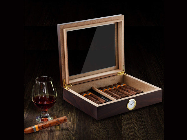 Walnut Wood Cigar Humidor Box for 35 Cigars | Hygrometer Humidifier Glass Top Storage Case