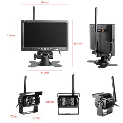 Measurement chart of a wireless camera system with monitors and cameras on a white background
