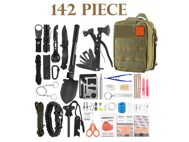 A 142-piece survival and emergency preparedness kit laid out on a white background next to an olive green tactical backpack. The kit includes various black and multi-tool items such as a folding shovel, knife, axe, flashlight, gloves, and rope, along with first aid supplies, patches, and other survival gear.