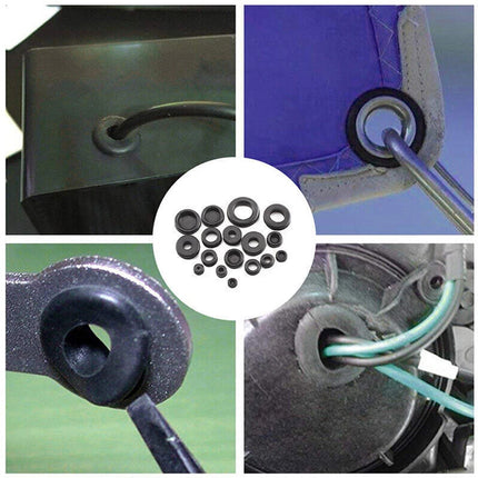 Collage of rubber grommets and washers with close-up shots on a white background.