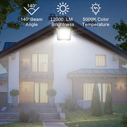 House exterior with a light fixture on the roof, showing specifications at night.