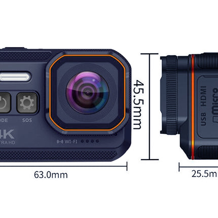Action camera with dimensions displayed on a white background