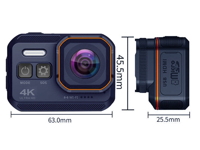 Action camera with dimensions displayed on a white background
