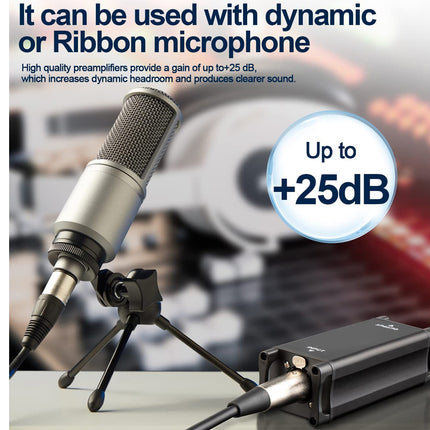 Microphone with preamplifier on a blurred background, highlighting dynamic or ribbon microphone compatibility.