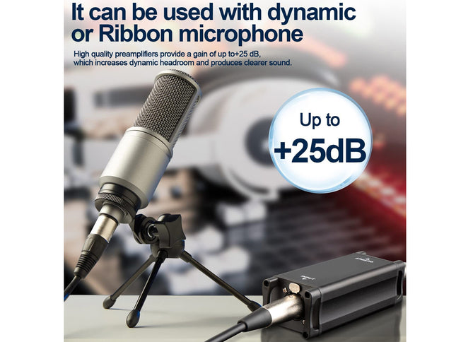 Microphone with preamplifier on a blurred background, highlighting dynamic or ribbon microphone compatibility.