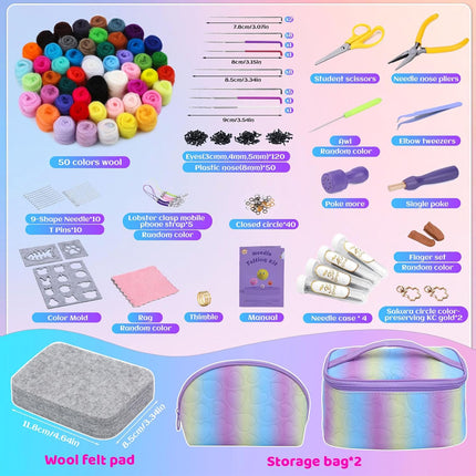 A product bundle infographic showing a variety of knitting and sewing supplies, including 50 colors of wool yarn, scissors, needles, a crochet hook, thread, a color wheel, a pattern book, and a storage bag set. The background is a pastel gradient of blue, pink, and purple.