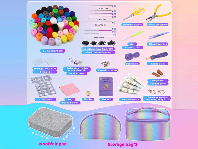 A product bundle infographic showing a variety of knitting and sewing supplies, including 50 colors of wool yarn, scissors, needles, a crochet hook, thread, a color wheel, a pattern book, and a storage bag set. The background is a pastel gradient of blue, pink, and purple.