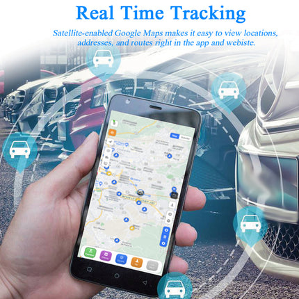 Hand holding a smartphone with a map application open, surrounded by car graphics and text about real-time tracking.