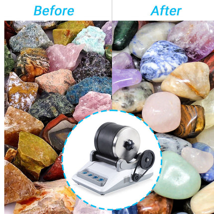 Comparison of raw and polished gemstones with a polishing machine in the center.