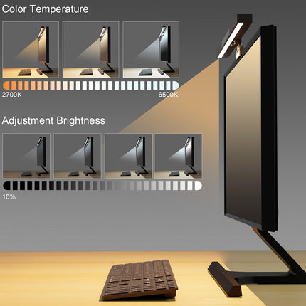 A computer monitor with an attached adjustable light bar on a desk, shown alongside explanatory graphics for color temperature and adjustment brightness. The scene is a clean studio-style render with no person or animal present.