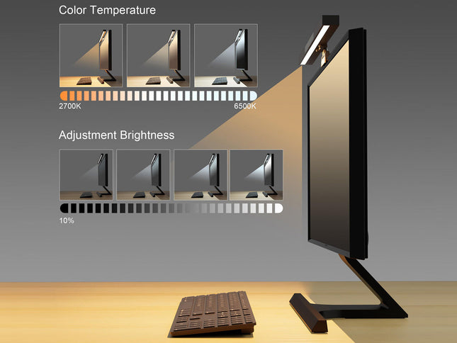 A computer monitor with an attached adjustable light bar on a desk, shown alongside explanatory graphics for color temperature and adjustment brightness. The scene is a clean studio-style render with no person or animal present.