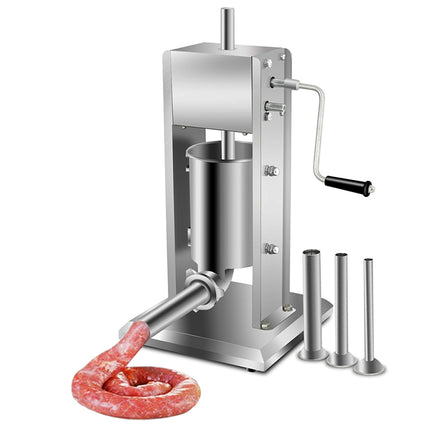 Stainless steel sausage making machine with a sausage being extruded on a white background