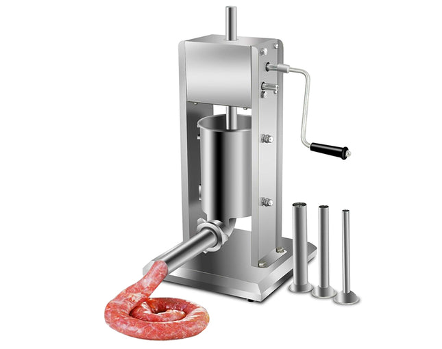 Stainless steel sausage making machine with a sausage being extruded on a white background