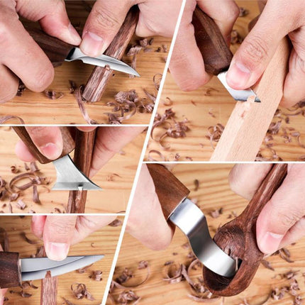A six-panel collage demonstrating a hand tool with a dark brown wooden handle and a silver metal blade being used to shave wood shavings on a light wood surface.
