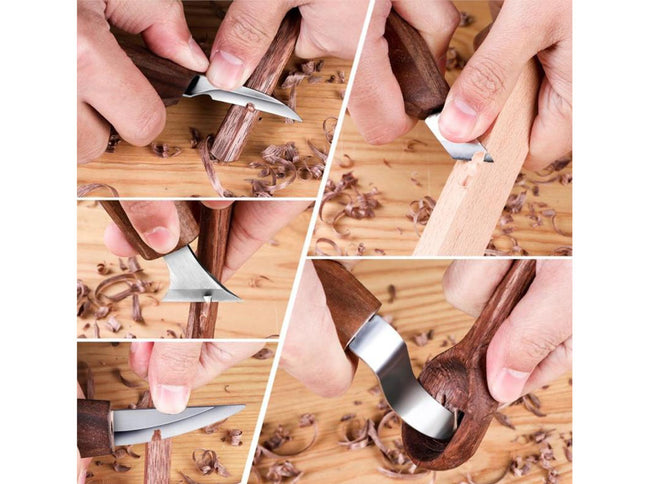 A six-panel collage demonstrating a hand tool with a dark brown wooden handle and a silver metal blade being used to shave wood shavings on a light wood surface.