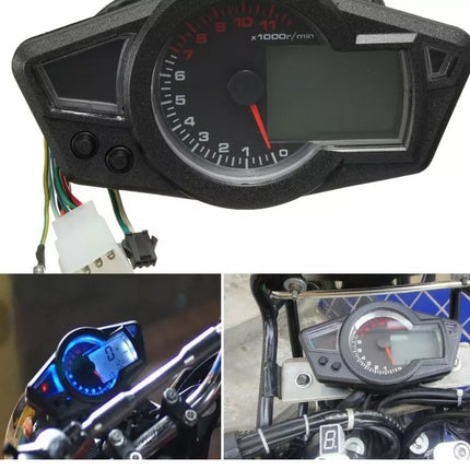 A motorcycle dashboard instrument cluster shown in three views: a top-down view on a white background, a side view with blue backlighting, and a mounted view on a motorcycle.