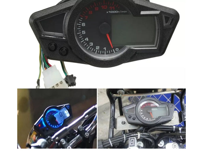 A motorcycle dashboard instrument cluster shown in three views: a top-down view on a white background, a side view with blue backlighting, and a mounted view on a motorcycle.