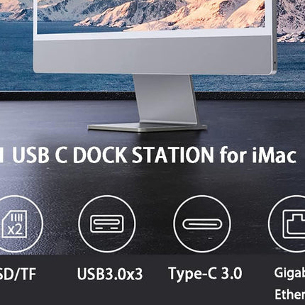 7-in-1 USB C dock station for iMac with product features displayed.