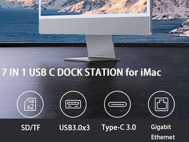 7-in-1 USB C dock station for iMac with product features displayed.