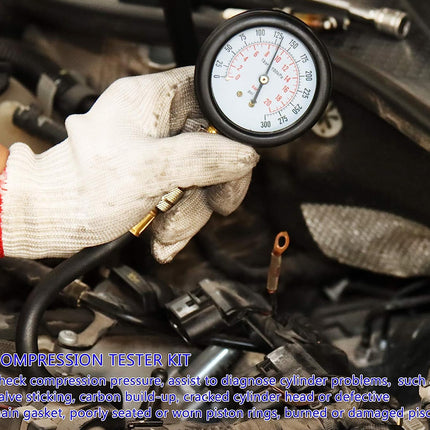 Hand wearing a white glove holding a compression tester gauge over an engine.