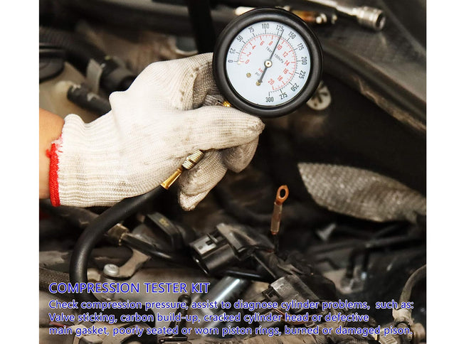Hand wearing a white glove holding a compression tester gauge over an engine.