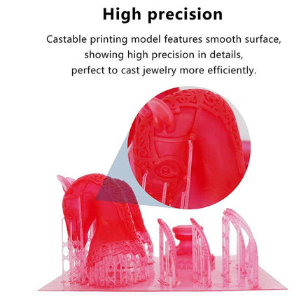 A promotional graphic for a 3D printable jewelry casting model, featuring a translucent pink and red high-heeled shoe form with a circular close-up inset. Text at the top reads 'High precision' with descriptive copy about the smooth surface and detailed printing.