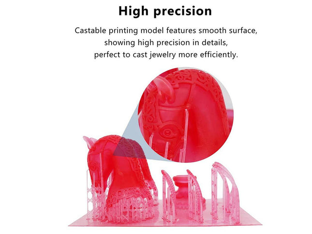 A promotional graphic for a 3D printable jewelry casting model, featuring a translucent pink and red high-heeled shoe form with a circular close-up inset. Text at the top reads 'High precision' with descriptive copy about the smooth surface and detailed printing.