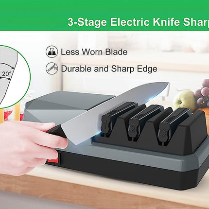 A 3-stage electric knife sharpener shown on a kitchen counter with a hand guiding a knife into its sharpening slots. The image includes marketing text and a diagram illustrating blade angle benefits.
