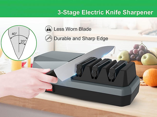 A 3-stage electric knife sharpener shown on a kitchen counter with a hand guiding a knife into its sharpening slots. The image includes marketing text and a diagram illustrating blade angle benefits.