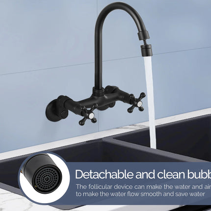 Black kitchen faucet with a detachable bubbler on a blue tiled wall background