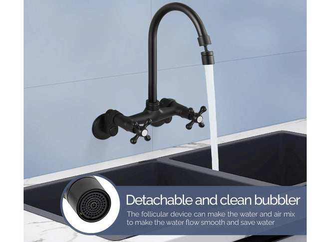 Black kitchen faucet with a detachable bubbler on a blue tiled wall background