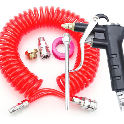 A red coiled air hose with a black and silver spray gun attachment, shown with metal connector fittings and a pink ring on a white background.