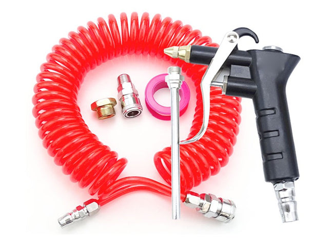 A red coiled air hose with a black and silver spray gun attachment, shown with metal connector fittings and a pink ring on a white background.