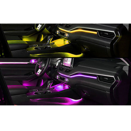 A two-panel comparison of a car interior with ambient lighting. The top panel shows the interior illuminated in yellow/green tones, and the bottom panel shows the same interior illuminated in purple/magenta tones.