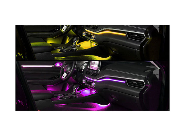 A two-panel comparison of a car interior with ambient lighting. The top panel shows the interior illuminated in yellow/green tones, and the bottom panel shows the same interior illuminated in purple/magenta tones.