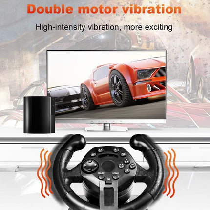 A racing wheel controller with a screen in front showing a red sports car, with orange vibration wave graphics and text reading 'Double motor vibration' and 'High-intensity vibration, more exciting' on a light gray background.