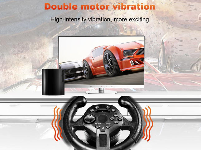 A racing wheel controller with a screen in front showing a red sports car, with orange vibration wave graphics and text reading 'Double motor vibration' and 'High-intensity vibration, more exciting' on a light gray background.