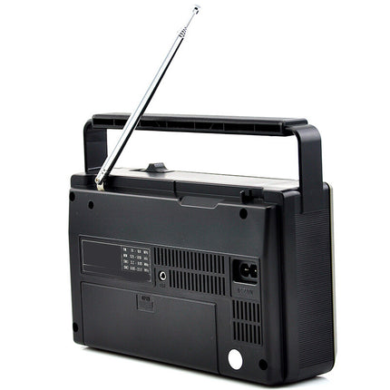 Black portable radio with antenna on a white background