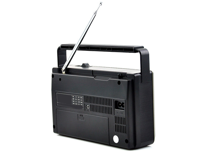 Black portable radio with antenna on a white background