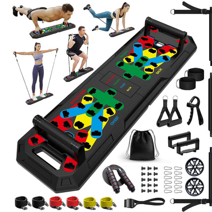 Multifunctional fitness equipment set with various attachments on a white background
