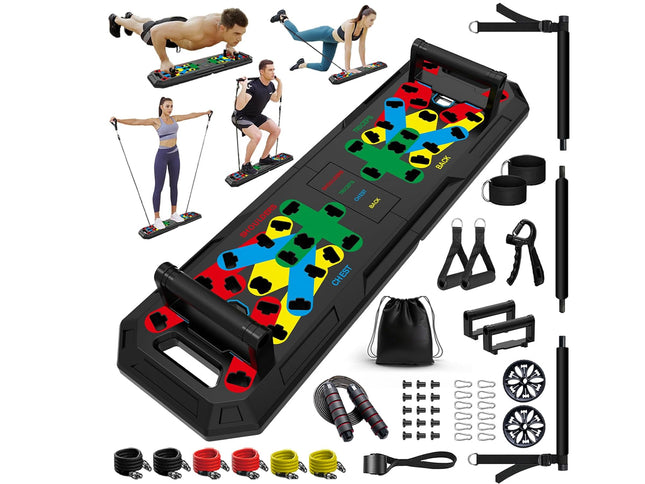 Multifunctional fitness equipment set with various attachments on a white background