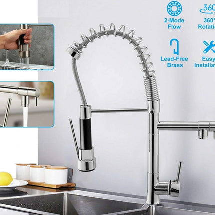 Kitchen faucet with multiple features highlighted on a white background
