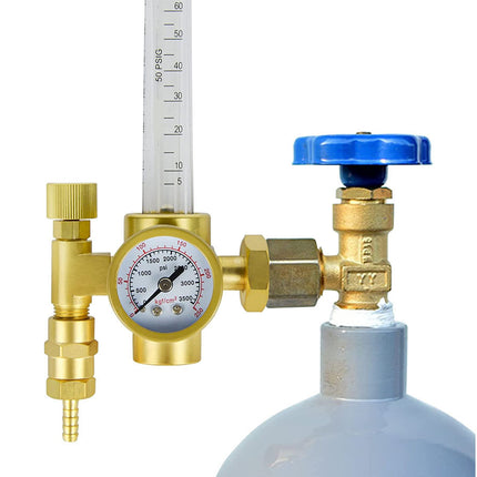 Pressure regulator with gauge and blue valve on a white background