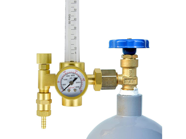 Pressure regulator with gauge and blue valve on a white background