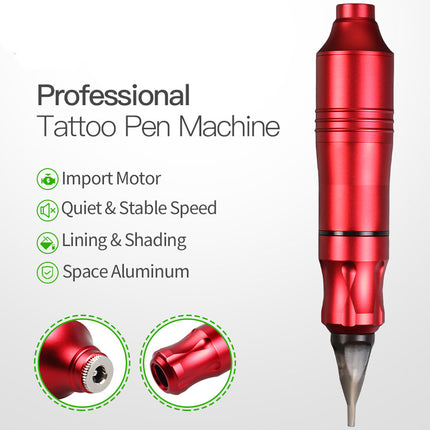 Red tattoo pen machine with features listed on a white background